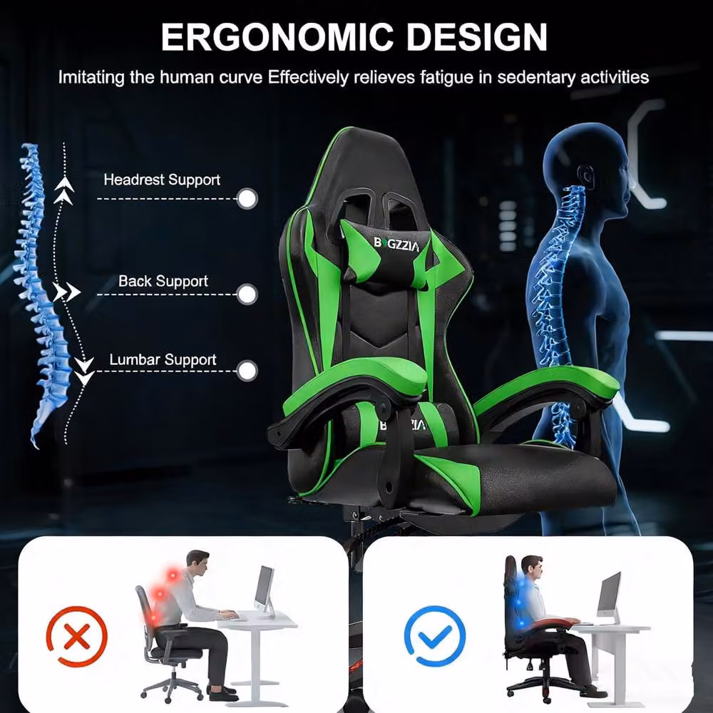 Gartistgo Bluetooth Gaming Chair in Green with Lumbar Support, Headrest and Armrests – 4