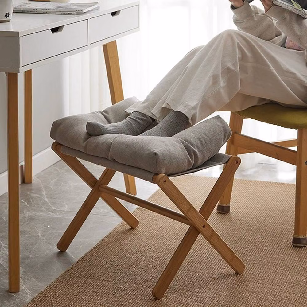 FORGEVIO Foldable Footstool with Bamboo Legs and Grey Fabric Soft Pad – 5