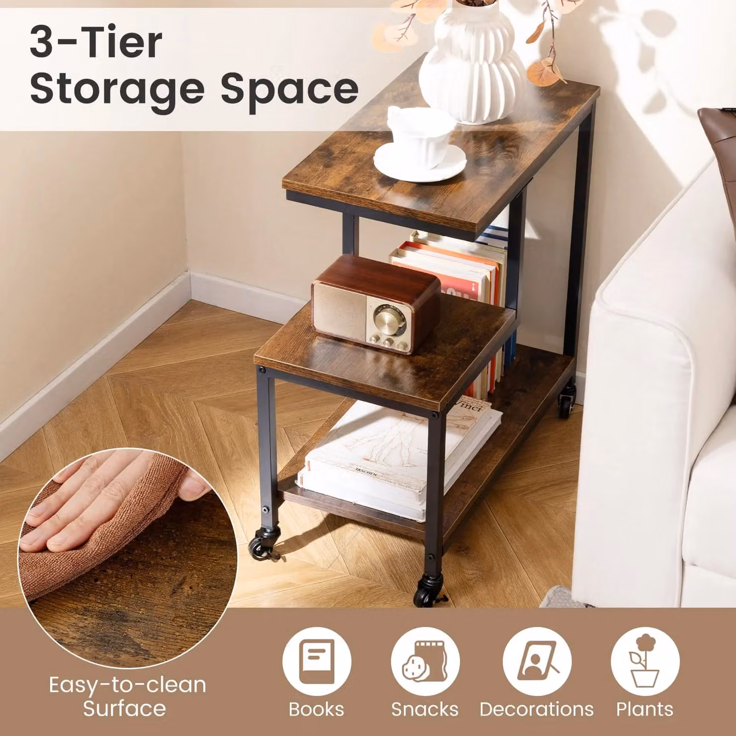 Costway G-shaped 3-Tier Mobile Side Table with Open Shelves and Castors in Brown – 9