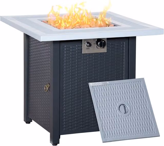 Rolipo Black and Grey Square Gas Fire Pit Table with Polyrattan Design, W/D/H: 71 x 71 x 62 cm