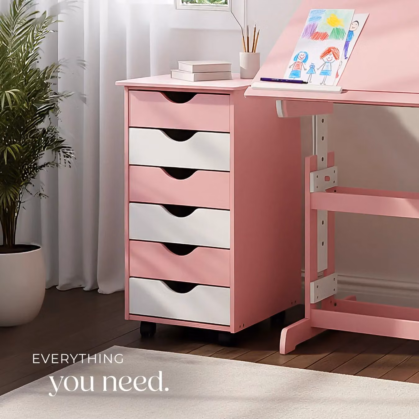 tectake 6 Drawer Wooden Filing Cabinet with Castors in Pink – 2