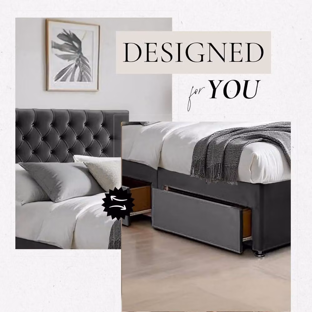 Bed Time UK Super King Plush Velvet Bed with Mattress, 2 Drawers and 20 inch Chesterfield Headboard in Black, W: 200 cm x D: 200 cm – 2