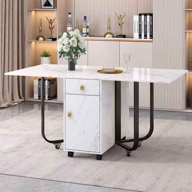 Matteo Modern Glossy White and Gold Space-Saving Folding Dining Table with Cupboard and 2 Drawers