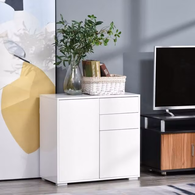 HOMCOM Glossy White Push-Open Side Cabinet with 2 Drawers and 2 Doors – 1