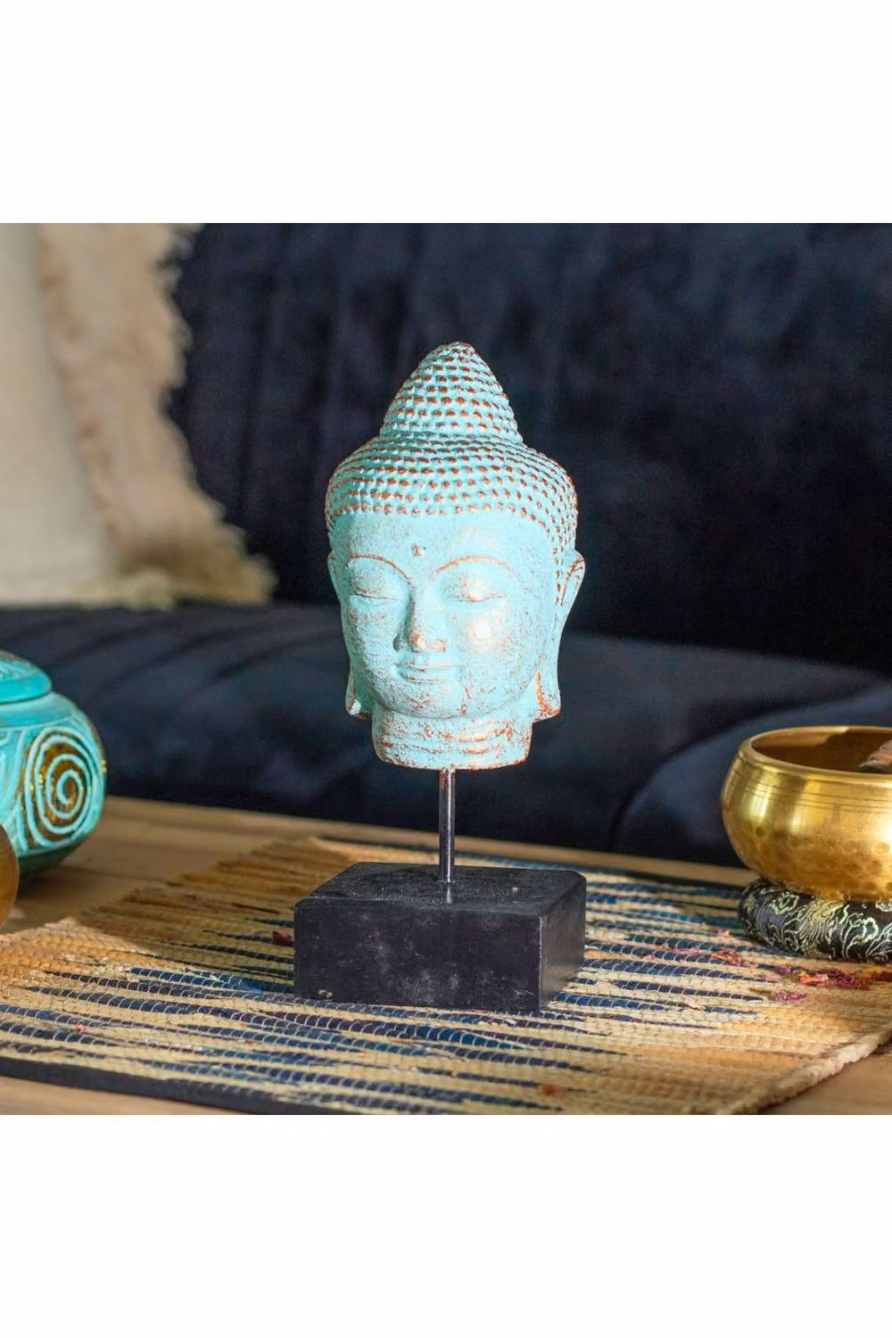 KDMD Stillness Buddha Head on Stand, Green Metal Oriental Tabletop Decor – 3