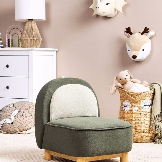 Wyld and Coco Triceratops Nursery Chair in Dark Green Bouclé Fabric with Rubberwood Frame, W/D/H: 56 x 50 x 47 cm