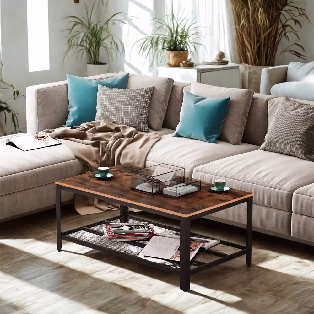 Pirlo Plush Industrial Rectangular 2 Tier Coffee Table with Storage Shelf in Brown, W: 60 cm, D: 45 cm, H: 40 cm – 3