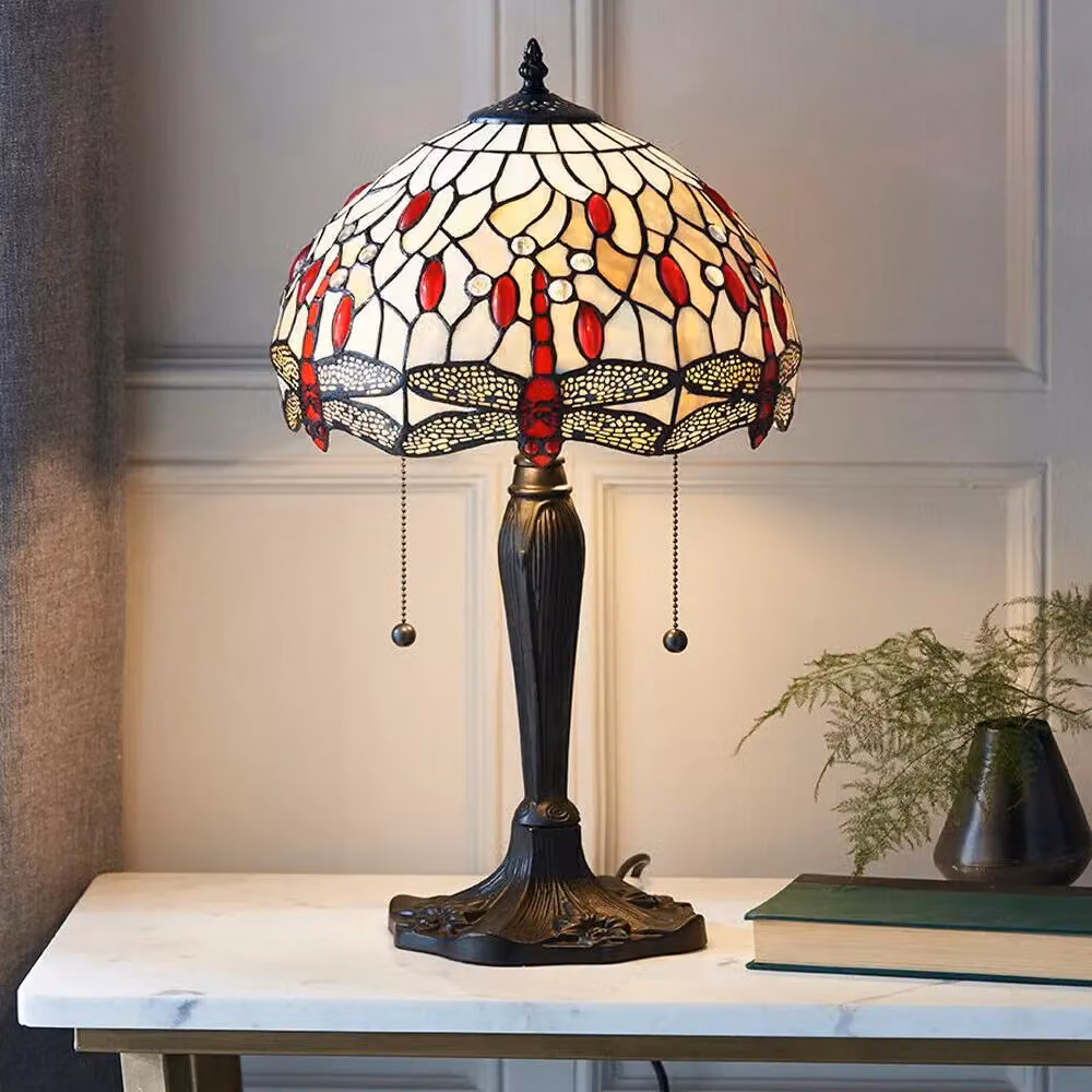 Loops Tiffany Glass Table Lamp with Red Dragonfly Shade in Dark Bronze and Multicolour – 3
