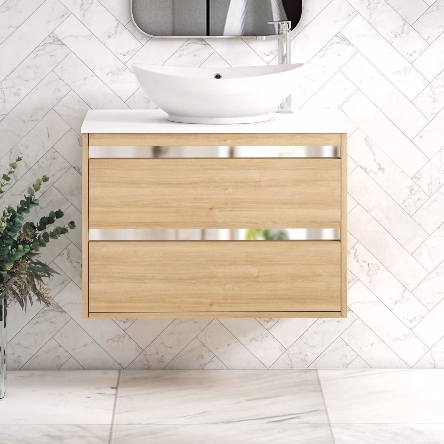 Royal Bathrooms Orion 800mm Wall Hung Vanity Unit in Natural Oak and White with Amaze Basin and Chrome Accent Trim