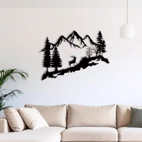 YOUR HOME RULEZ Large Black Mountain and Deer Metal Wall Art, 75 cm – 2