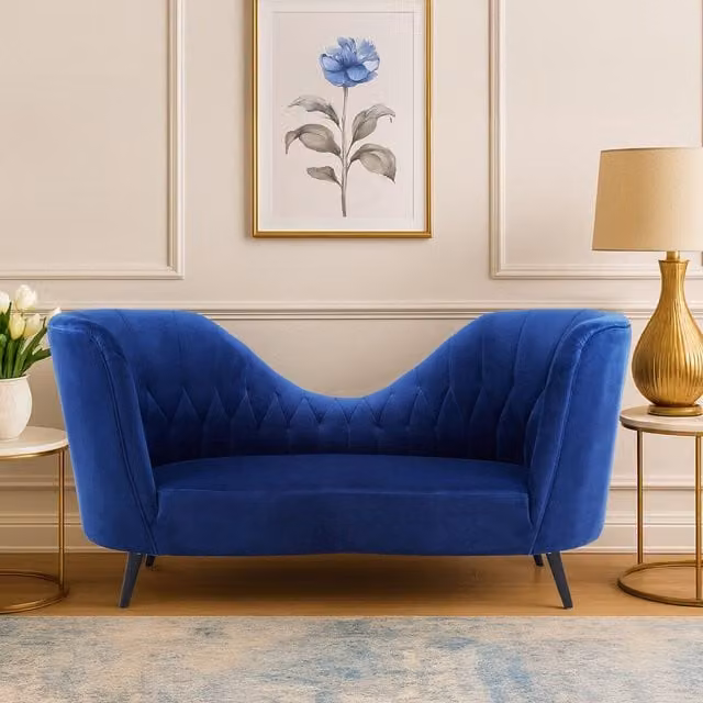 Orsina Midnight Blue Velvet Chaise Lounge with Quilted Curved Backrest and Hardwood Legs, W/D/H: 189 x 81 x 90 cm – 1