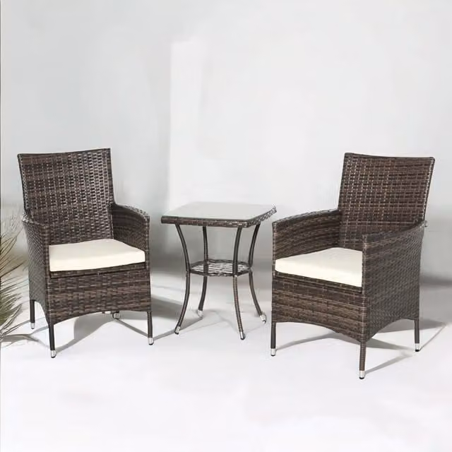 Rafaelo Mobilia Set of 3 Brown Rattan Garden Conversation Furniture Set with UV-Resistant Polyester Cushions and Powder-Coated Steel Frame