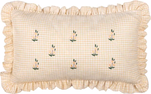 Les Petite Fleurs Cotton Gingham Ruffle Cushion in Beige and Yellow