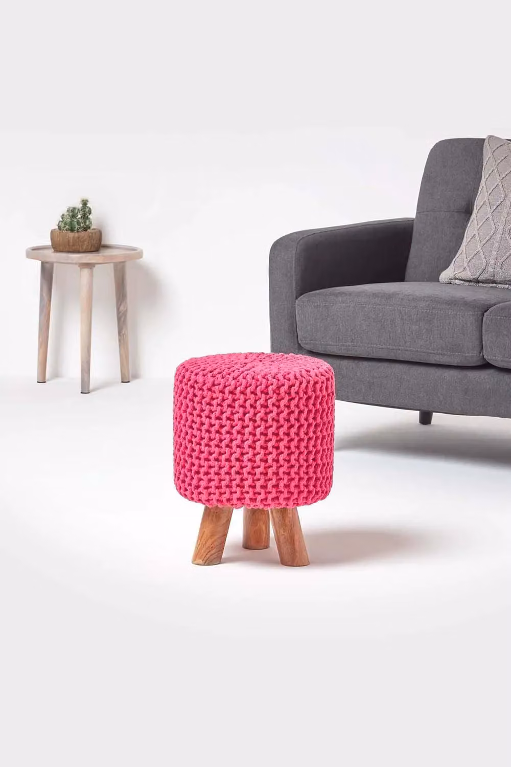 Homescapes Tall Pink Cotton Knitted Footstool with Wood Frame – 2