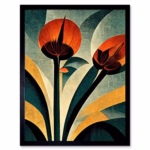 Wee Blue Coo Art Deco Floral Painting Framed Poster Wall Decor in Blue, Green, and Beige, W/H: 30.5 x 40.6 cm