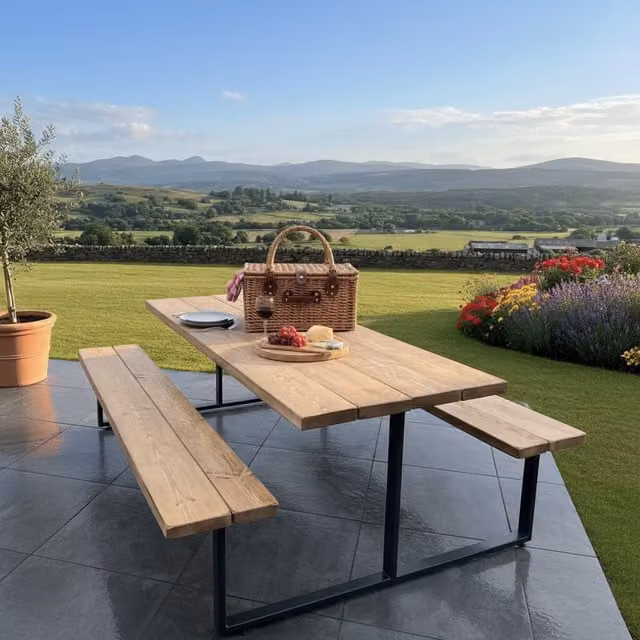TRL Handmade Furniture Industrial Outdoor Picnic Table and Benches in Brown and Black