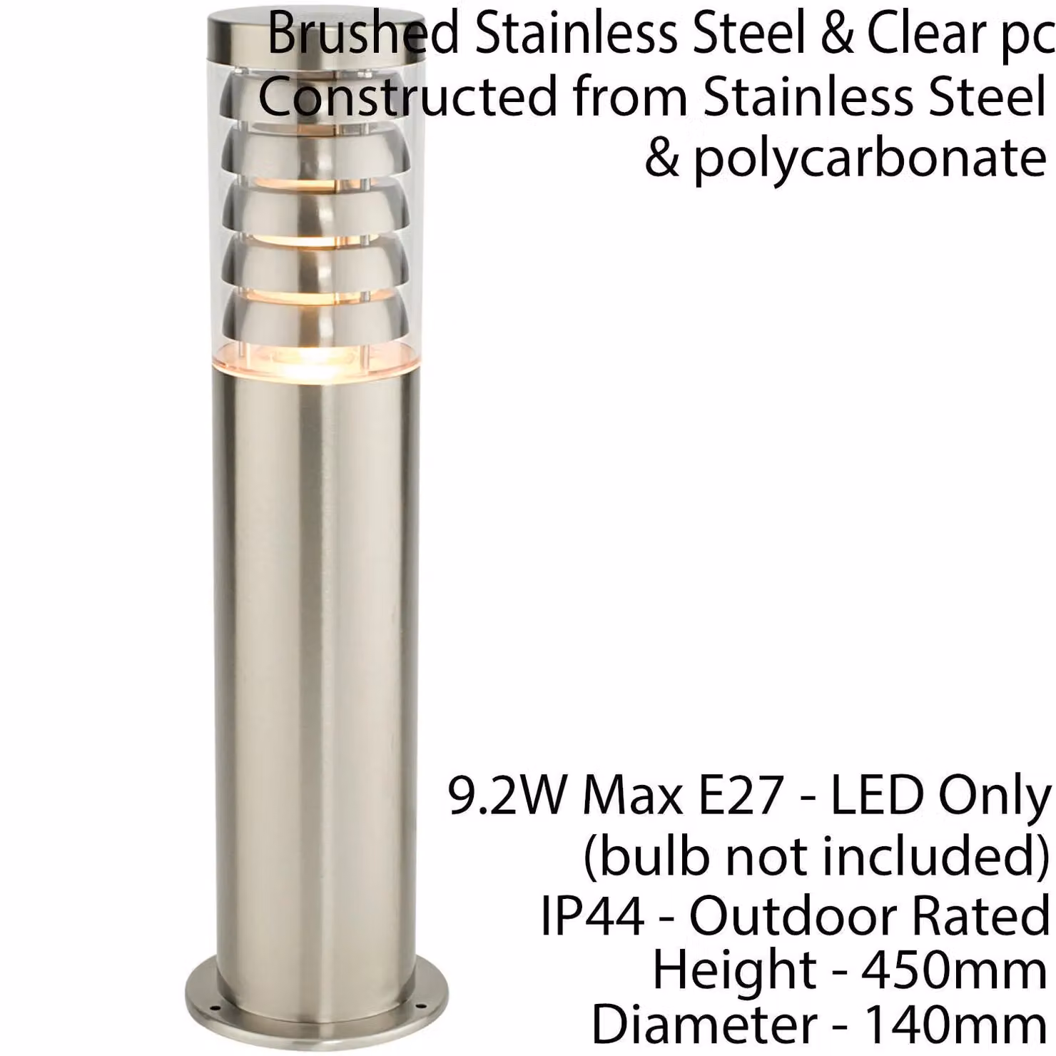 Loops LED Outdoor Garden Bollard Light in Silver Stainless Steel, IP44 Rated, Warm White – 2