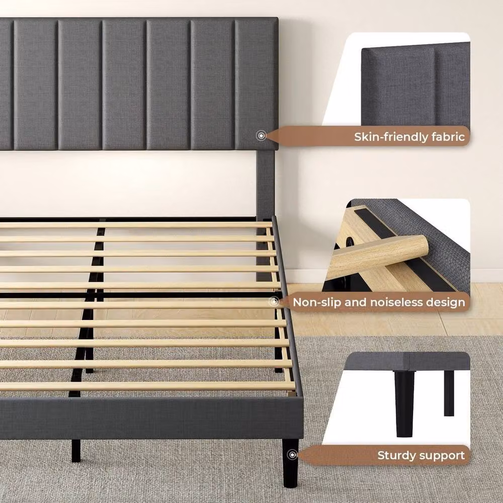 VOGREX Double Linen Upholstered Bed Frame with Soft Foam Headboard in Grey, W/D/H: 140 x 200 cm – 3