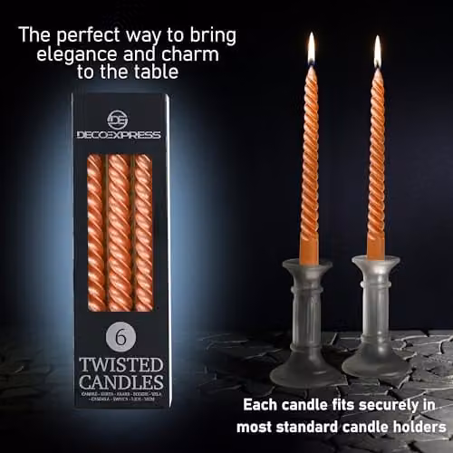 Deco Express Non-Drip Twisted Unscented Dinner Candles, Metallic Orange, Pack of 6 – 3