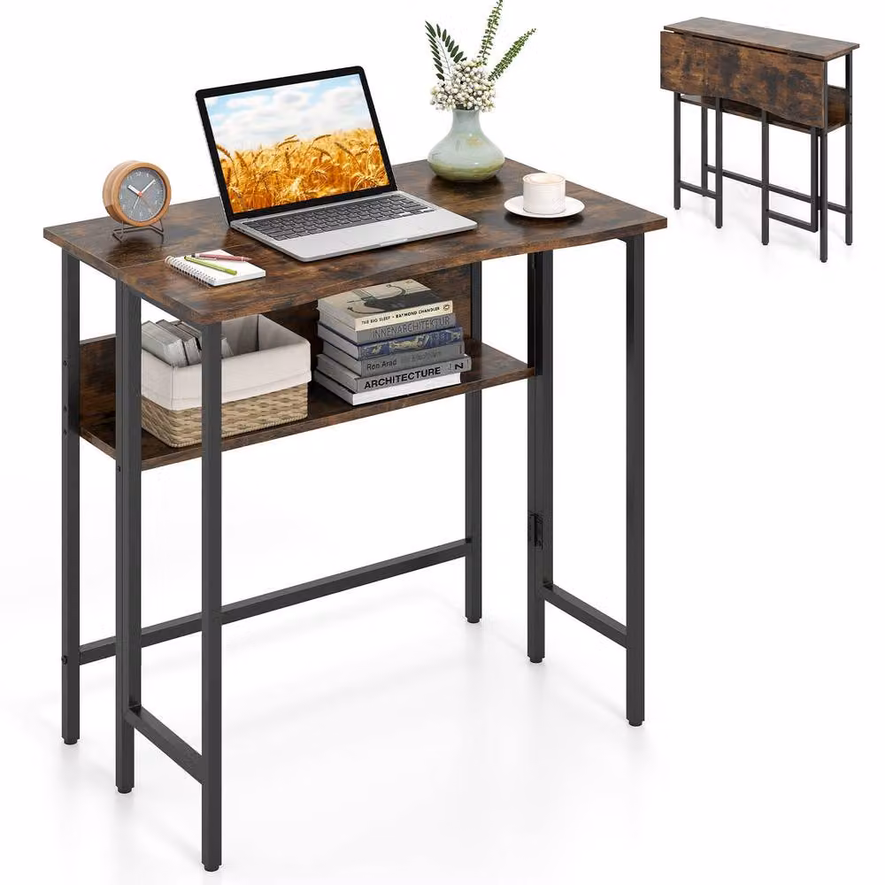 Costway Small Folding Computer Desk with Storage Shelf in Brown – 5