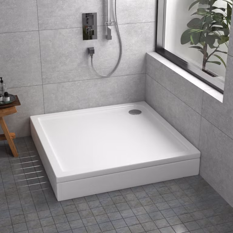 Apex White Square Mineral Cast Stone Shower Tray with Riser Kit, W/D/H: 70 x 70 x 3 cm