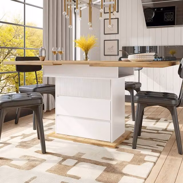 Merax Extendable Telescopic Rectangular Dining Table with Storage Base and 2 Drawers in White