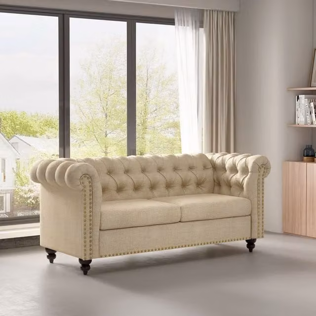 MCC Direct Victoria Chesterfield Fabric Button Back Sofa in Beige – 1