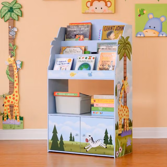 Teamson Kids Sunny Safari 3 Tier Wooden Bookcase and Display Storage Unit in Blue