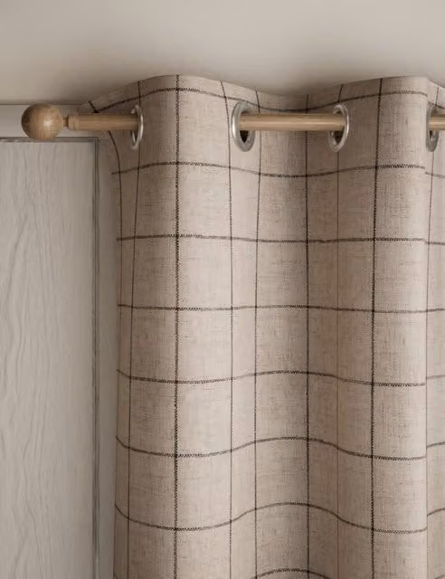 M&S Checked Windowpane Eyelet Blackout Curtains in Sand and Beige