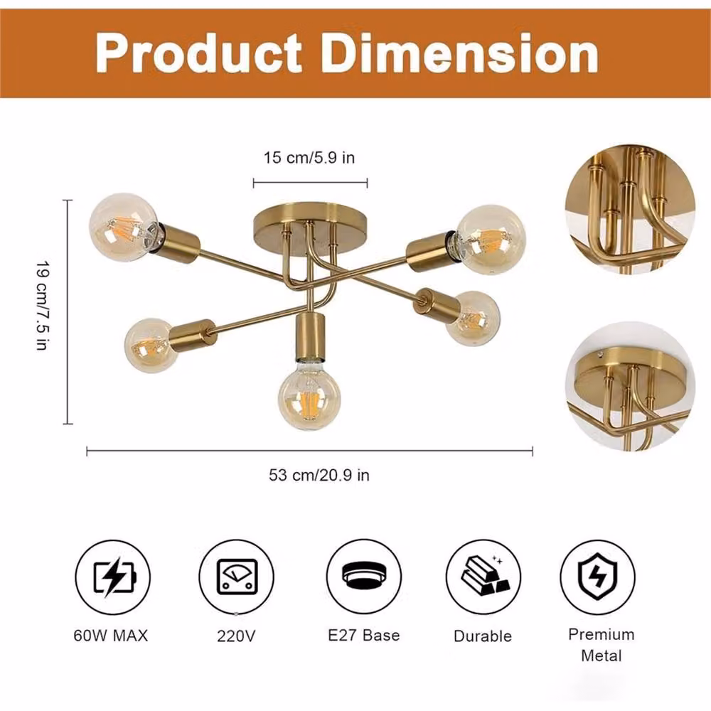 Nordara 5-Arm Industrial Gold Ceiling Light with Glass Shades – 2
