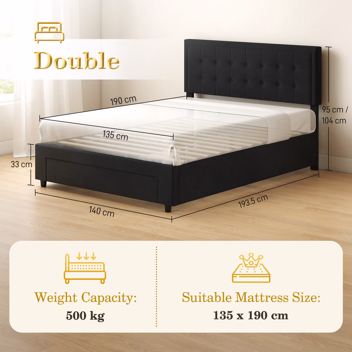 HOMCOM Modern Double Ottoman Bed Frame in Black Velvet with Lift-Up Base, W: 140 cm, L: 200 cm – 3