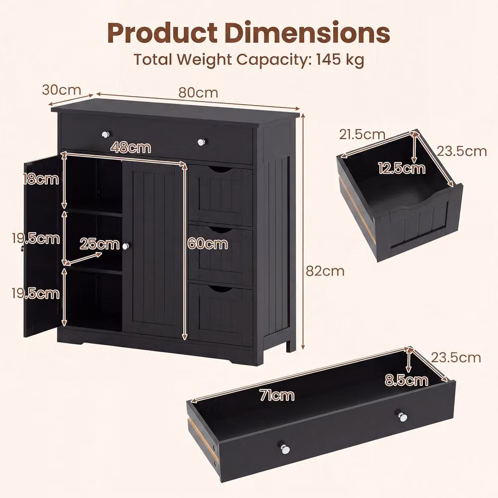 Costway Modern Black Bathroom Floor Cabinet with 4 Drawers and 2 Hinged Doors – 2