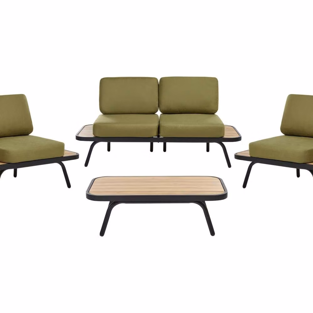 Wyld and Coco 4-Piece Mediterranean Outdoor Set in Oiled Acacia Wood and Aluminium with Green Cushions – 2