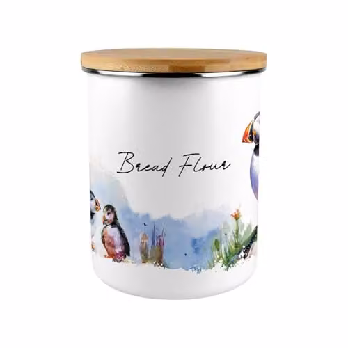 Purely Home Puffins Bread Flour Storage Canister, 2.7 l, Blue and White Enamel with Bamboo Lid
