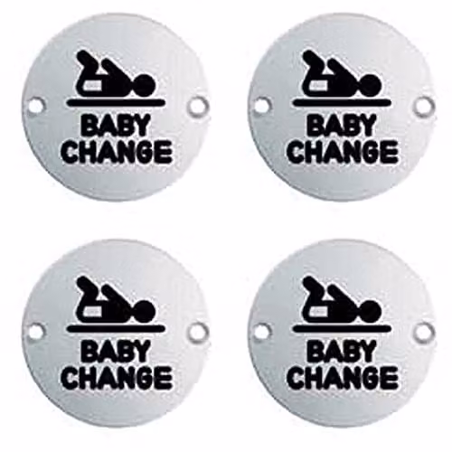 Loops 4 Pack Baby Change Bathroom Door Signs in Brushed Silver Stainless Steel, 76mm Diameter, 64mm Fixing Centres – 1
