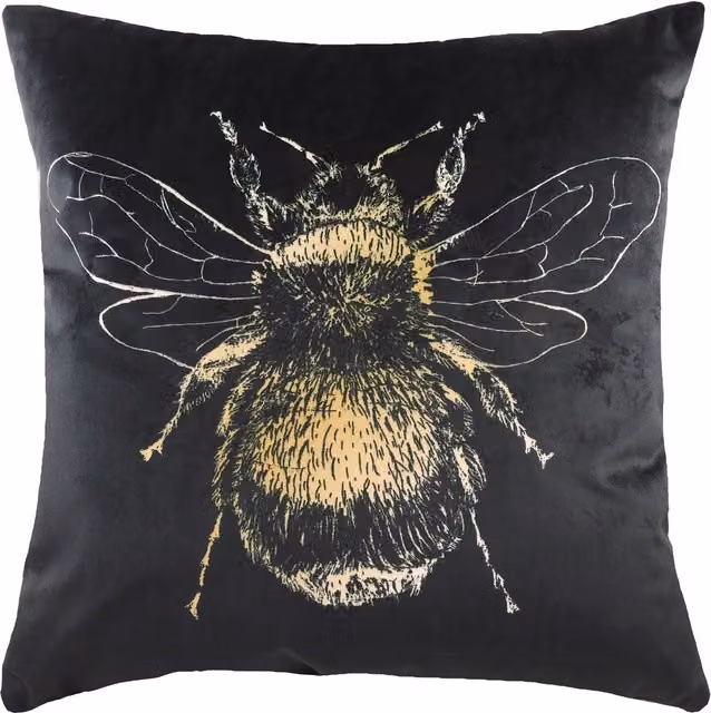 Gold Bee Rectangular Velvet Cushion in Black with Feather Filling, W: 43 cm