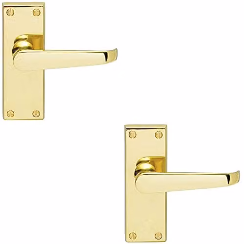 Loops 2 Pack Straight Victorian Lever on Rectangular Latch Backplate Door Handles in Polished Brass