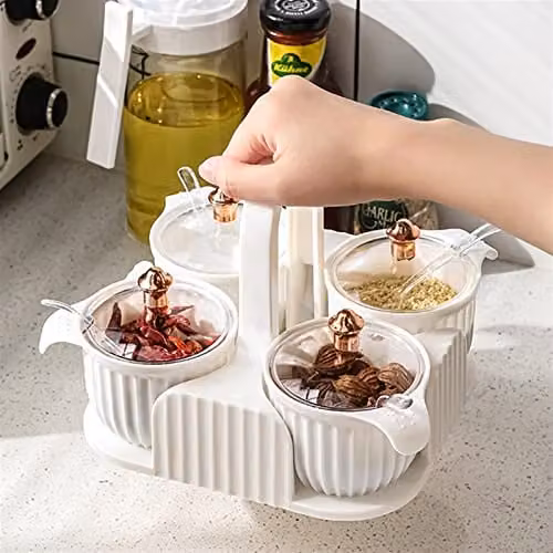 JINGYAN 4-Compartment Plastic Spice Shaker and Seasoning Storage Box with Lid and Spoon in Red