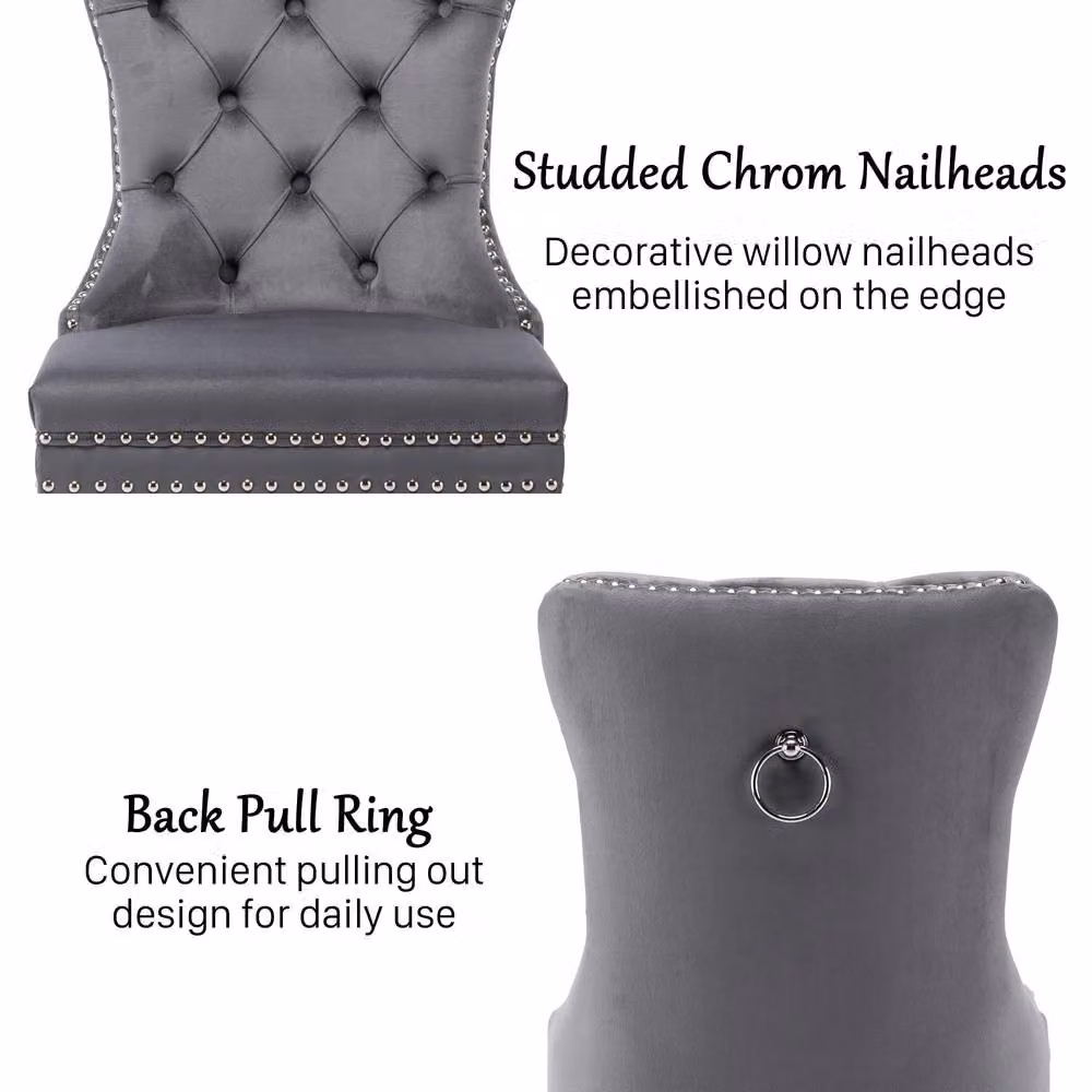 Modern Home Touch Romsey Set of 2 Grey Velvet Upholstered Dining Chairs with Oak Legs and Knocker Ring Back – 5