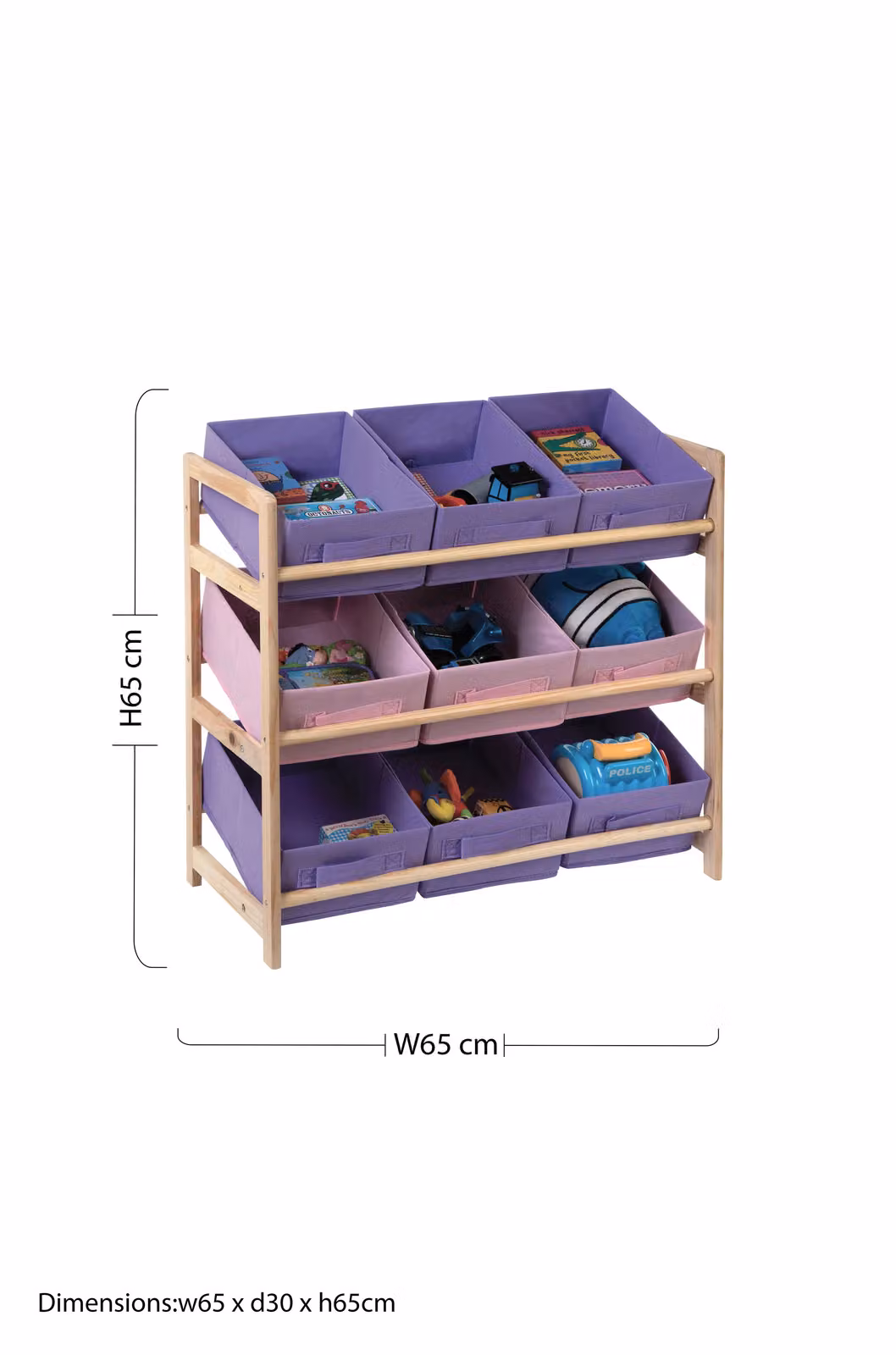 Orsina 9 Canvas Tubs Kids Storage Unit in Natural Pine with Pink and Purple Toy Organisers – 2