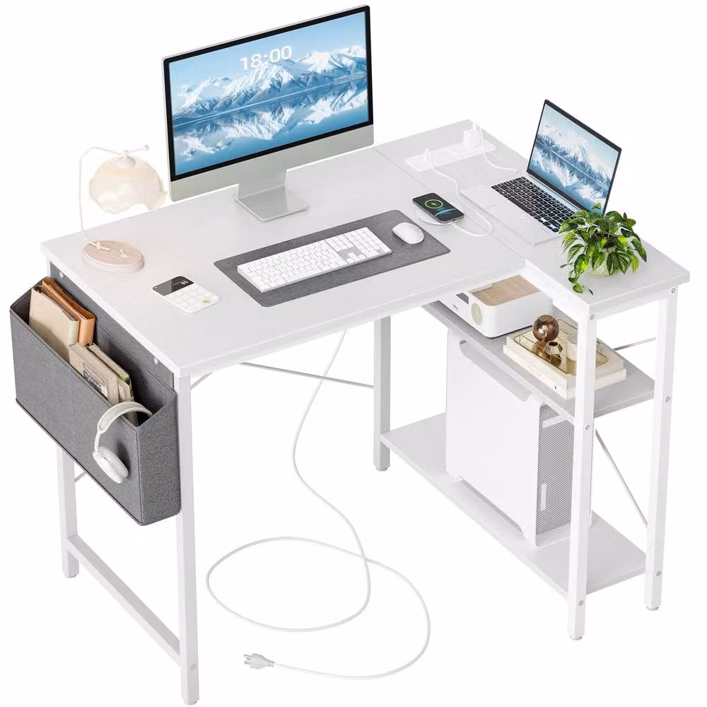 BEXEVUE White L-Shaped Gaming Desk with Reversible Shelving and Power Outlets, W/D/H: 100 x 70 x 75 cm – 2