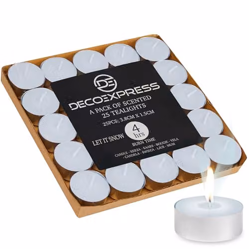 Deco Express Let It Snow Scented Tealight Candles, 25 Pack, Blue and White