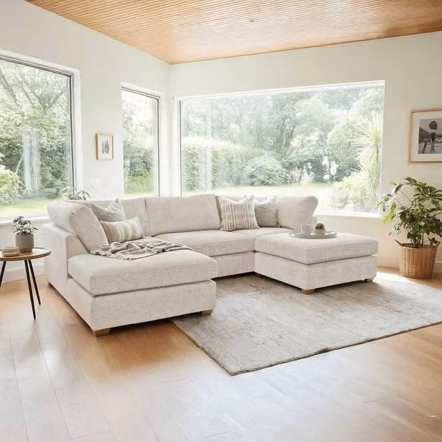 Furnishings For Less UK Kenzo U-Shaped 4-5 Seater Chenille Fabric Sofa in Cream/Beige – 1