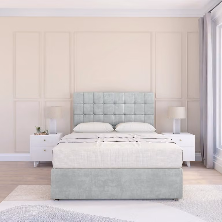 Sloomy Alabama Single Divan Bed Base with Floor Standing Headboard in Silver Velvet Fabric, W/D/H: 90 x 200 cm
