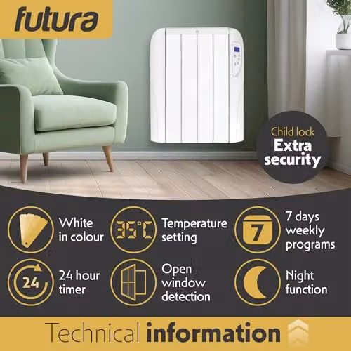 Futura 1000W White Wall Mounted Convector Electric Panel Heater with Timer and Frost Protection – 3