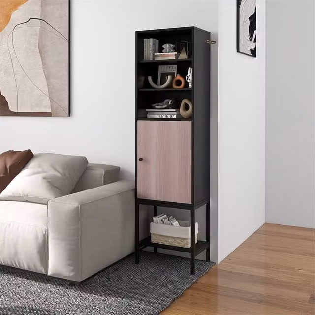 NESTLUNE Black Freestanding Tall Storage Cabinet with Hinged Doors and Internal Shelves, W/D/H: 15 x 15 x 100 cm