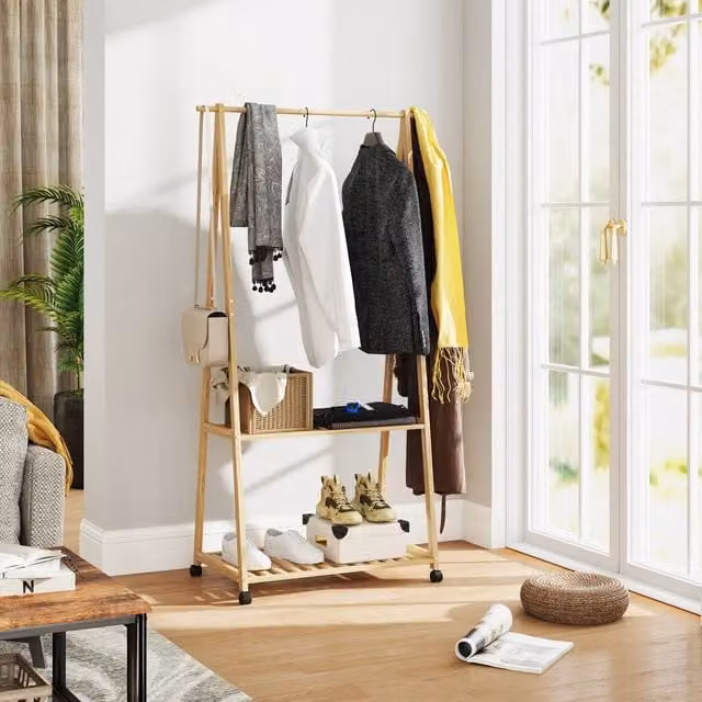 HOMCOM Bamboo Clothes Rail Rack with 2 Storage Shelves in Brown Wood Effect, H 158 x W 84.5 x D 43.5 cm – 1