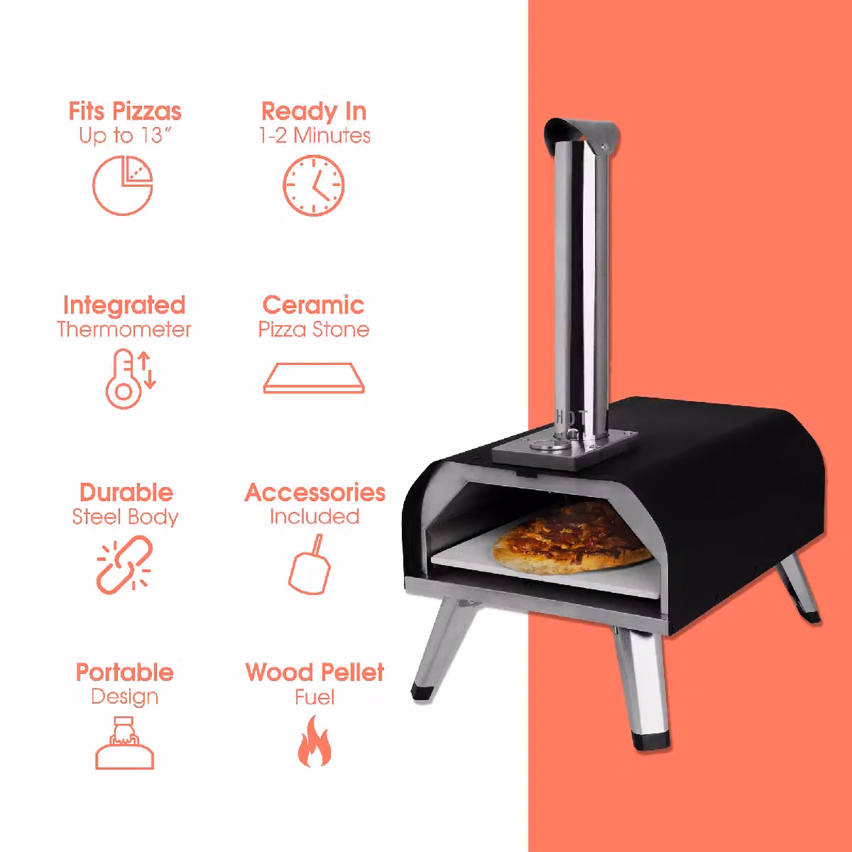 Abode Portable 13 Inch Wood Pellet Pizza Oven and Smoker in Black with Cover and Thermometer – 3