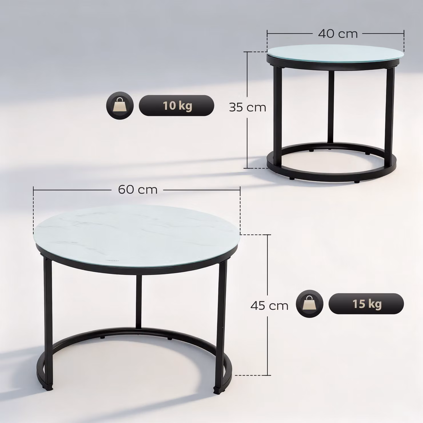 HOMCOM Set of 2 Modern Round Nest of Tables with White Marble-Effect Tempered Glass Tops – 3