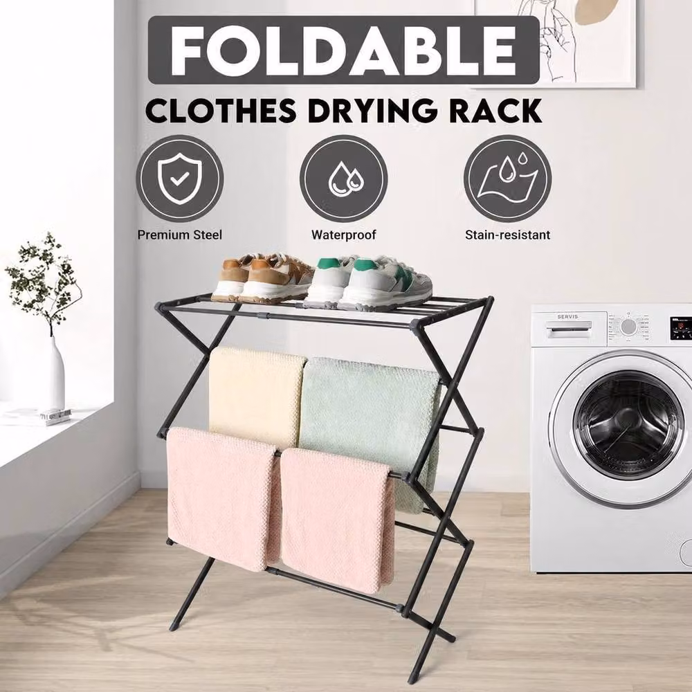 FLAVORA Heavy Duty 3 Tier Foldable Clothes Airer Dryer in Black Coated Steel – 2